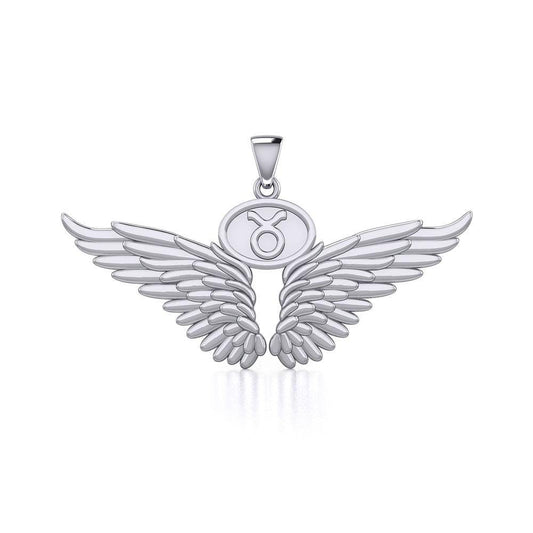 Guardian Angel Wings Silver Pendant with Taurus Zodiac Sign TPD5516 Pendant