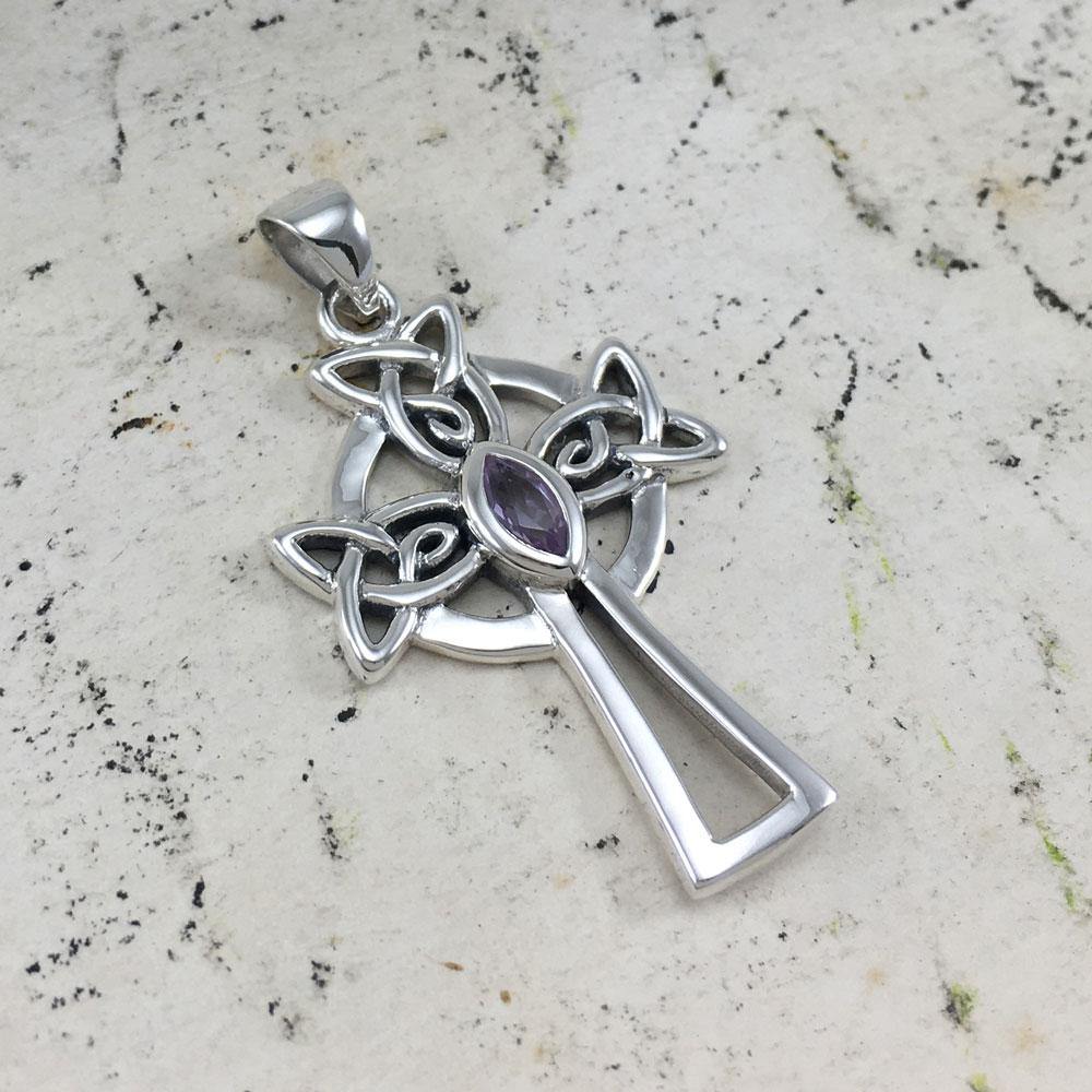 Sterling Silver Celtic Cross Pendant with Marquise Gemstone TPD5639 - Wholesale Jewelry