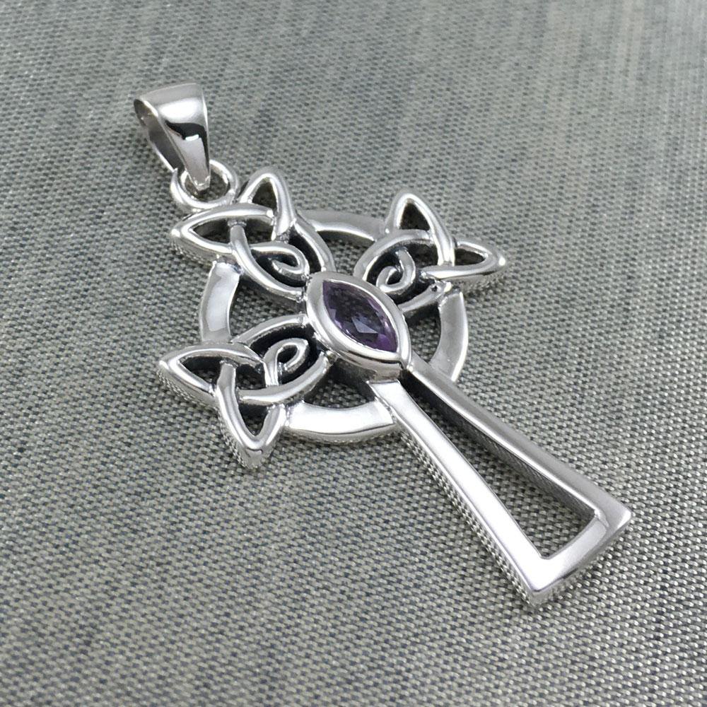 Sterling Silver Celtic Cross Pendant with Marquise Gemstone TPD5639 - Wholesale Jewelry