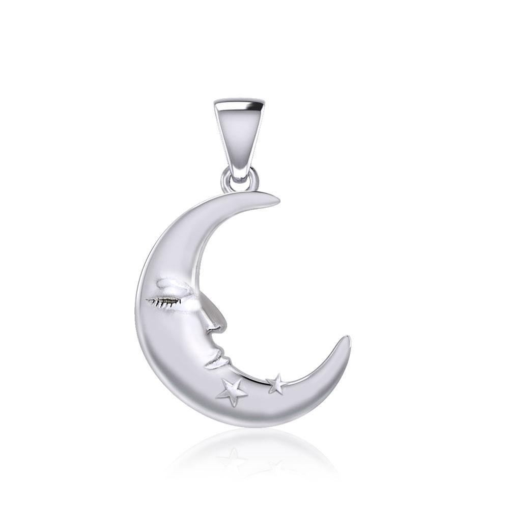 Crescent Moon Face with Stars Silver Pendant TPD5642 Pendant