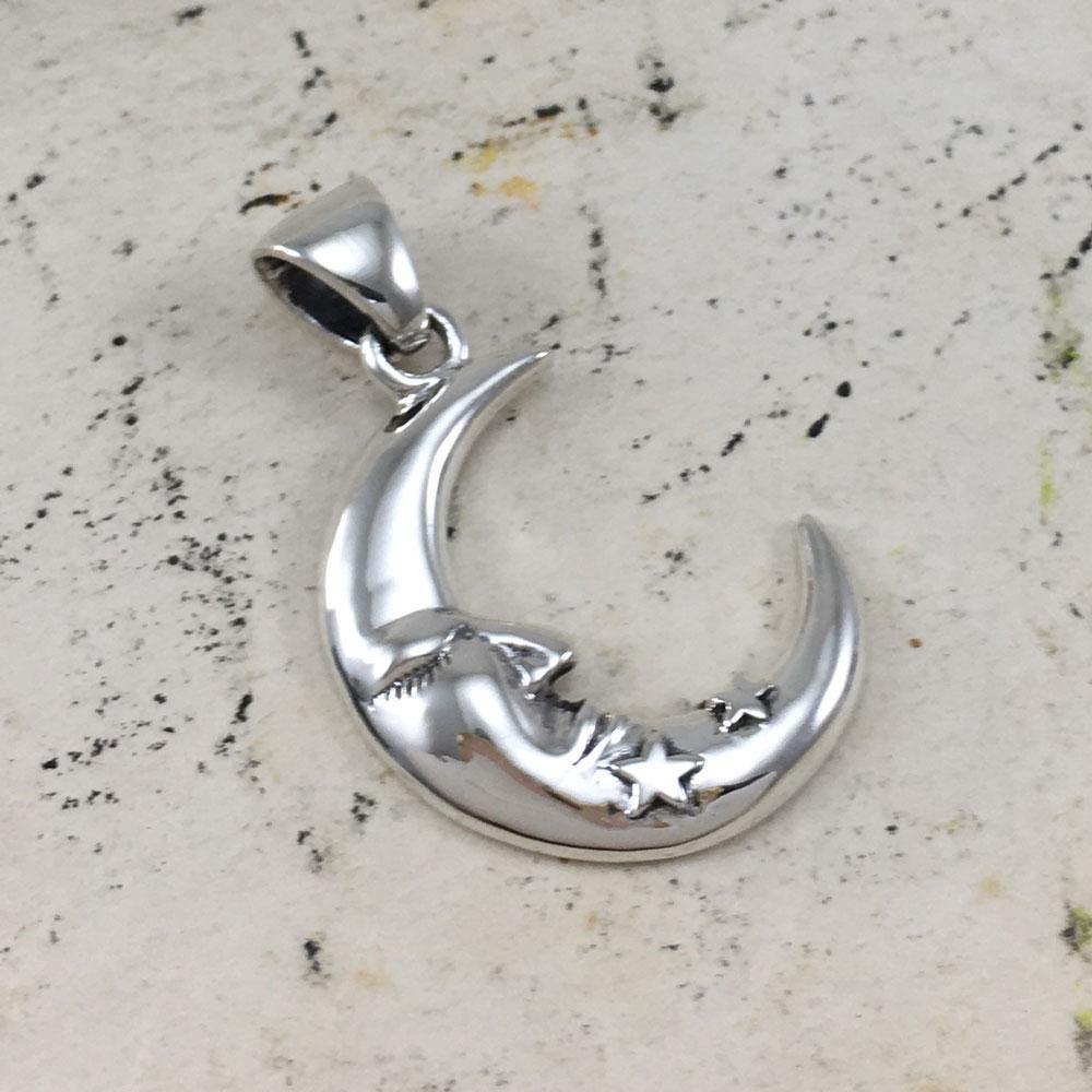 Crescent Moon Face with Stars Silver Pendant TPD5642 - Wholesale Jewelry