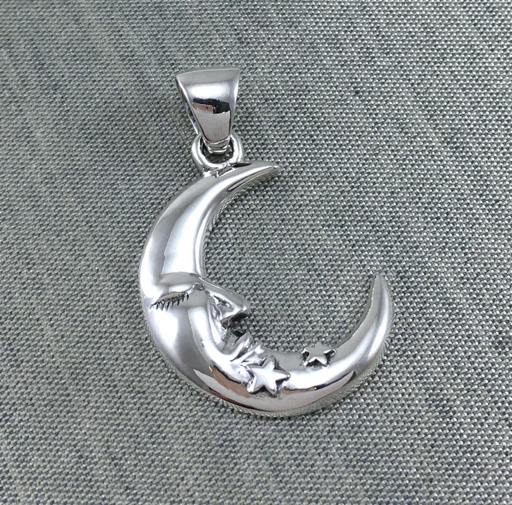 Crescent Moon Face with Stars Silver Pendant TPD5642 - Wholesale Jewelry