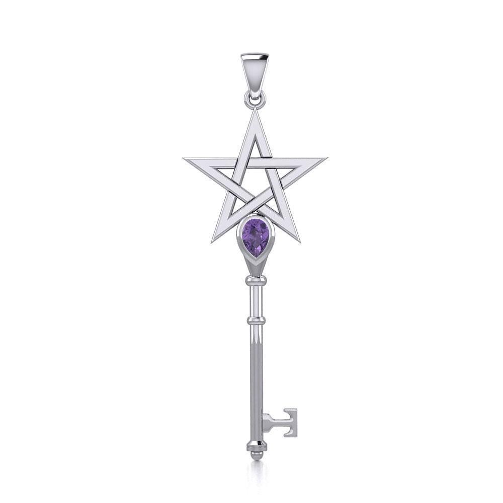 Pentagram Spiritual Enchantment Key Silver Pendant with Gem TPD5713 - Peter Stone Wholesale