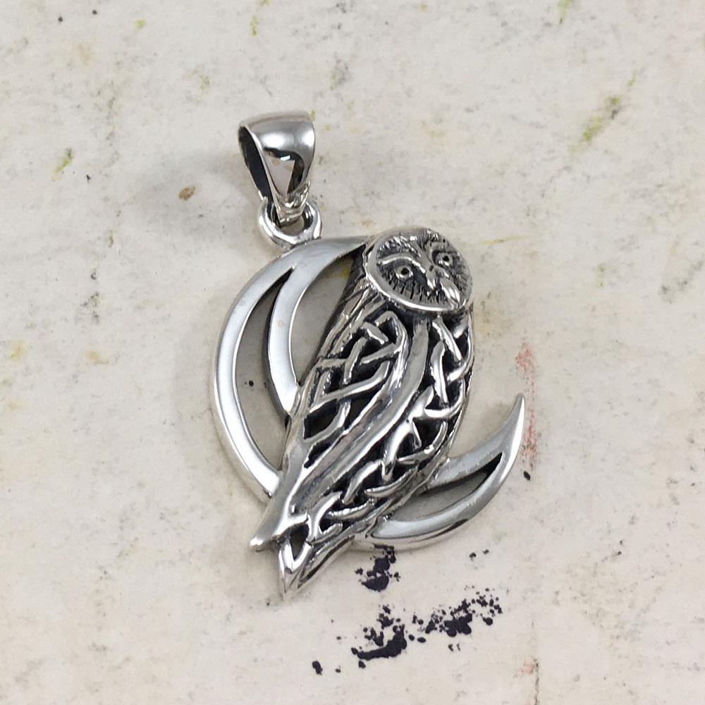 Celtic Owl on Crescent Moon Silver Pendant TPD5714 - Wholesale Jewelry