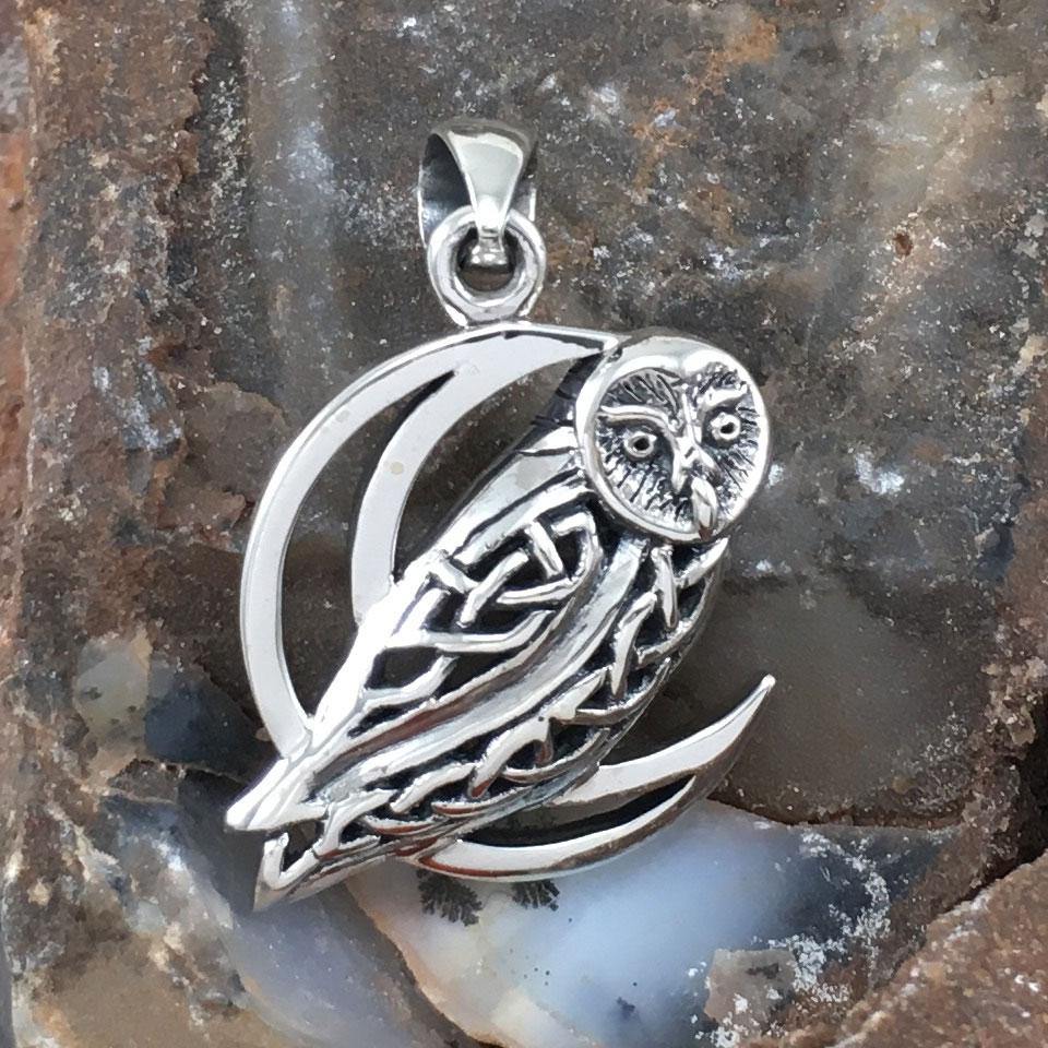 Celtic Owl on Crescent Moon Silver Pendant TPD5714 - Wholesale Jewelry