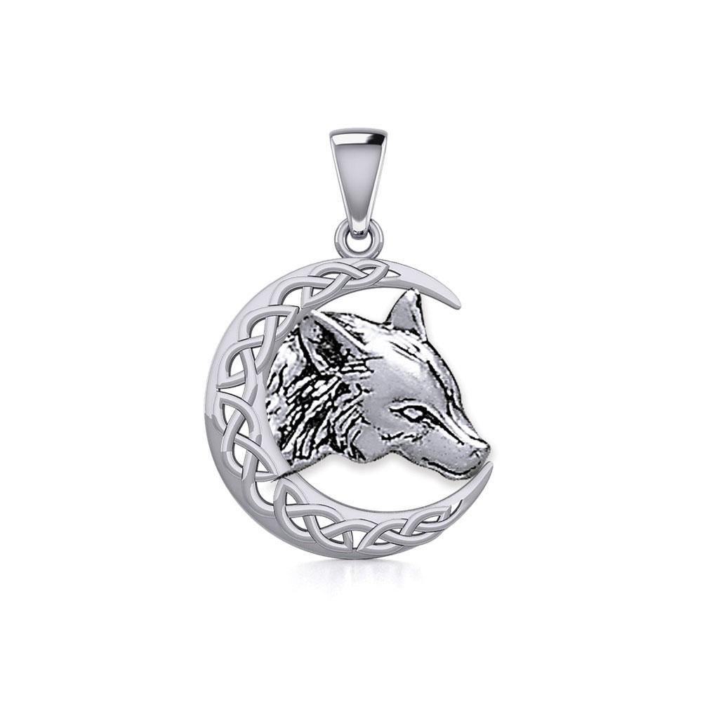 Wolf with Celtic Crescent Moon Silver Pendant TPD5726 - Wholesale Jewelry