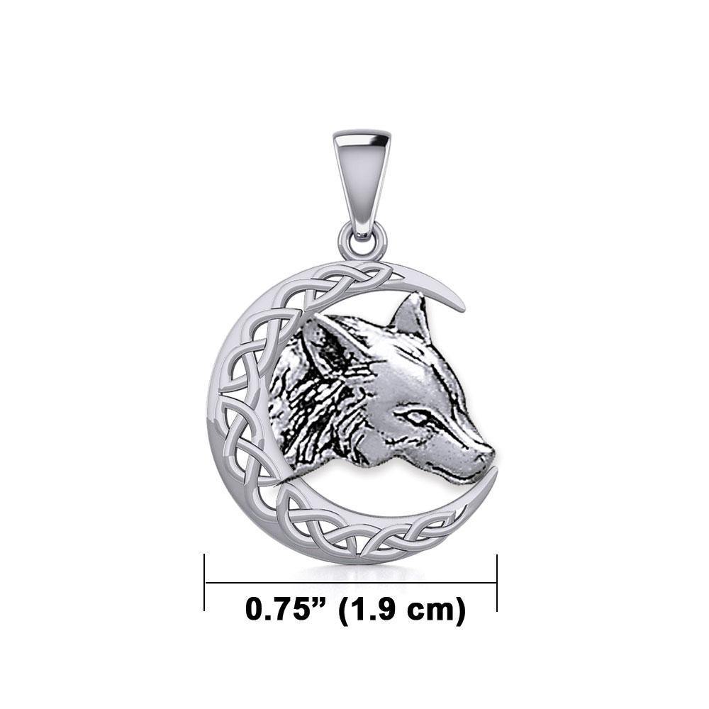 Wolf with Celtic Crescent Moon Silver Pendant TPD5726 - Wholesale Jewelry