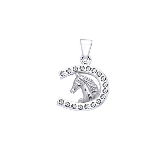 Horseshoe and Horse with Gems Silver Pendant TPD5760 - Wholesale Jewelry