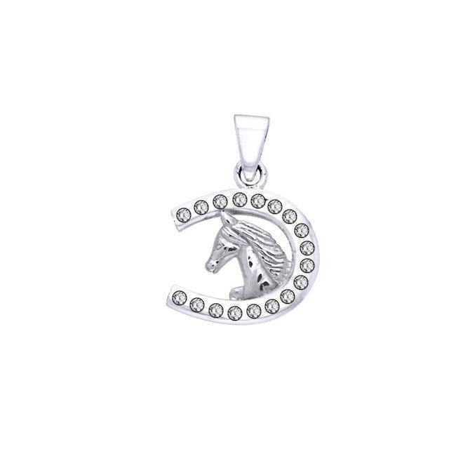 Horseshoe and Horse with Gems Silver Pendant TPD5760 - Wholesale Jewelry