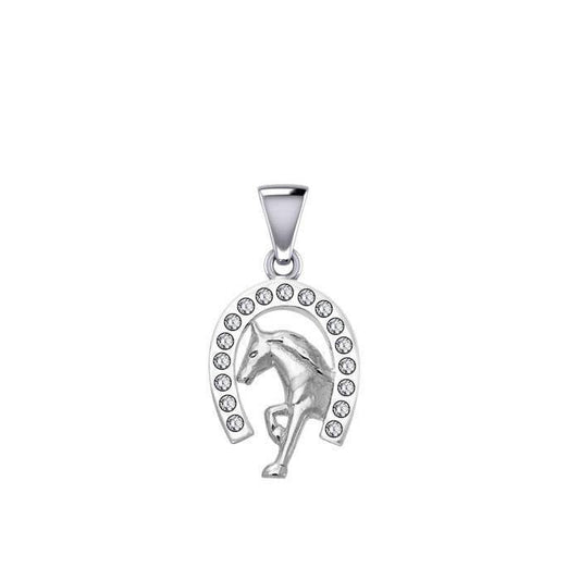 Horseshoe and Running Horse with Gems Silver Pendant TPD5761 - Wholesale Jewelry