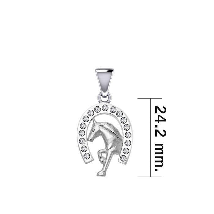 Horseshoe and Running Horse with Gems Silver Pendant TPD5761 - Wholesale Jewelry