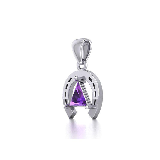 Horseshoe Equestrian Silver Pendant with Triangle Gemstone TPD5805 - Wholesale Jewelry
