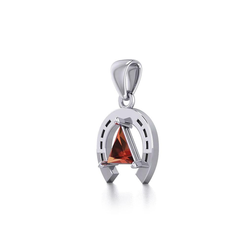 Horseshoe Equestrian Silver Pendant with Triangle Gemstone TPD5805 - Wholesale Jewelry
