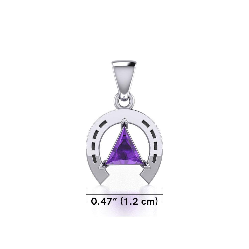 Horseshoe Equestrian Silver Pendant with Triangle Gemstone TPD5805 - Wholesale Jewelry