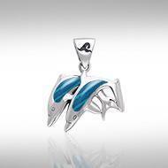 Silver and Paua Shell Twin Dolphin Pendant TPD584 Pendant