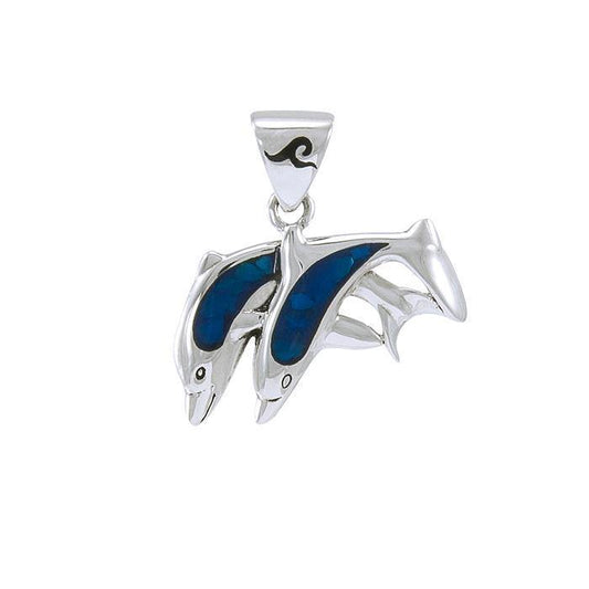 Silver and Paua Shell Twin Dolphin Pendant TDP584