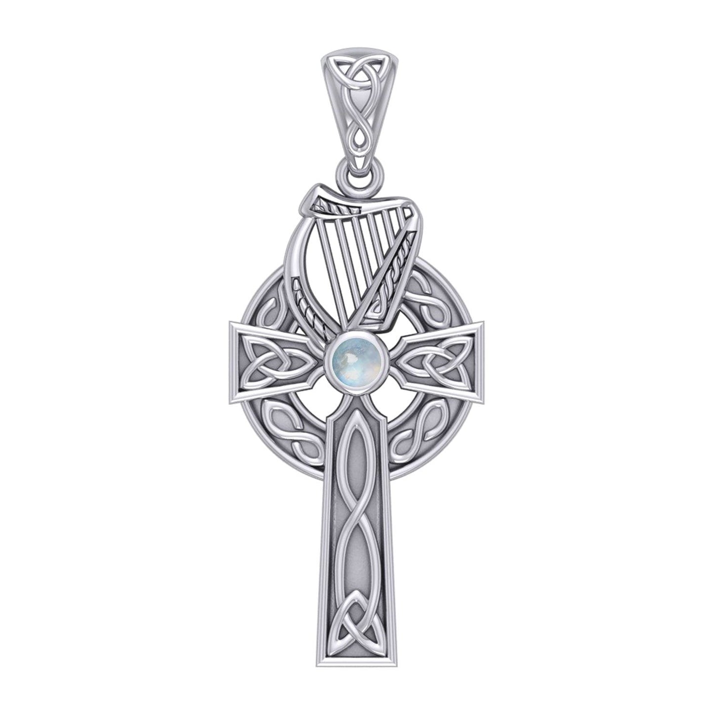 Celtic Knotwork Silver Cross with Harp Pendant TPD5865