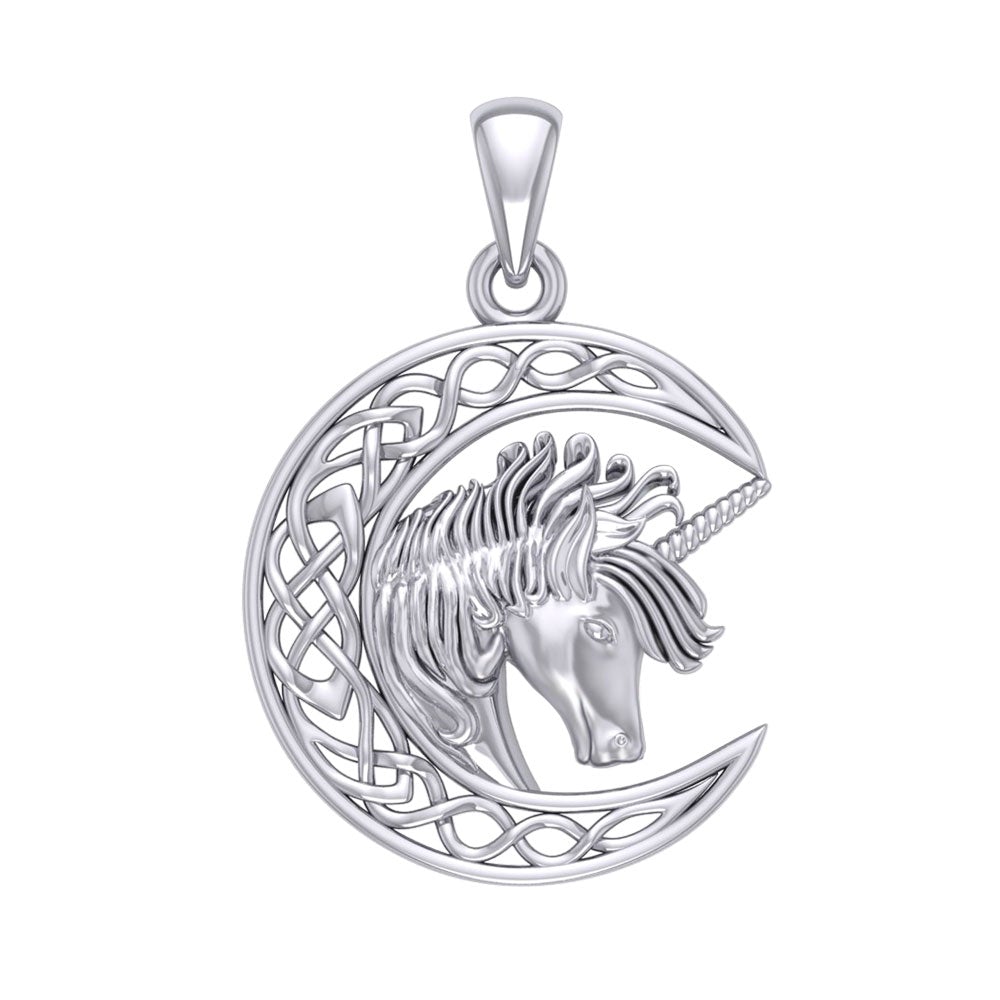 Unicorn with Celtic Crescent Moon Silver Pendant TPD5890