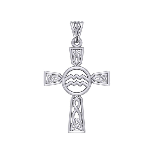 Celtic Cross Aquarius Astrology Zodiac Sign Silver Pendant TPD5946