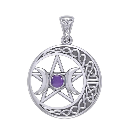 Triple Goddess and Celtic Crescent Moon Silver Pendant with Gemstone TPD5972 - peterstone.dropshipping