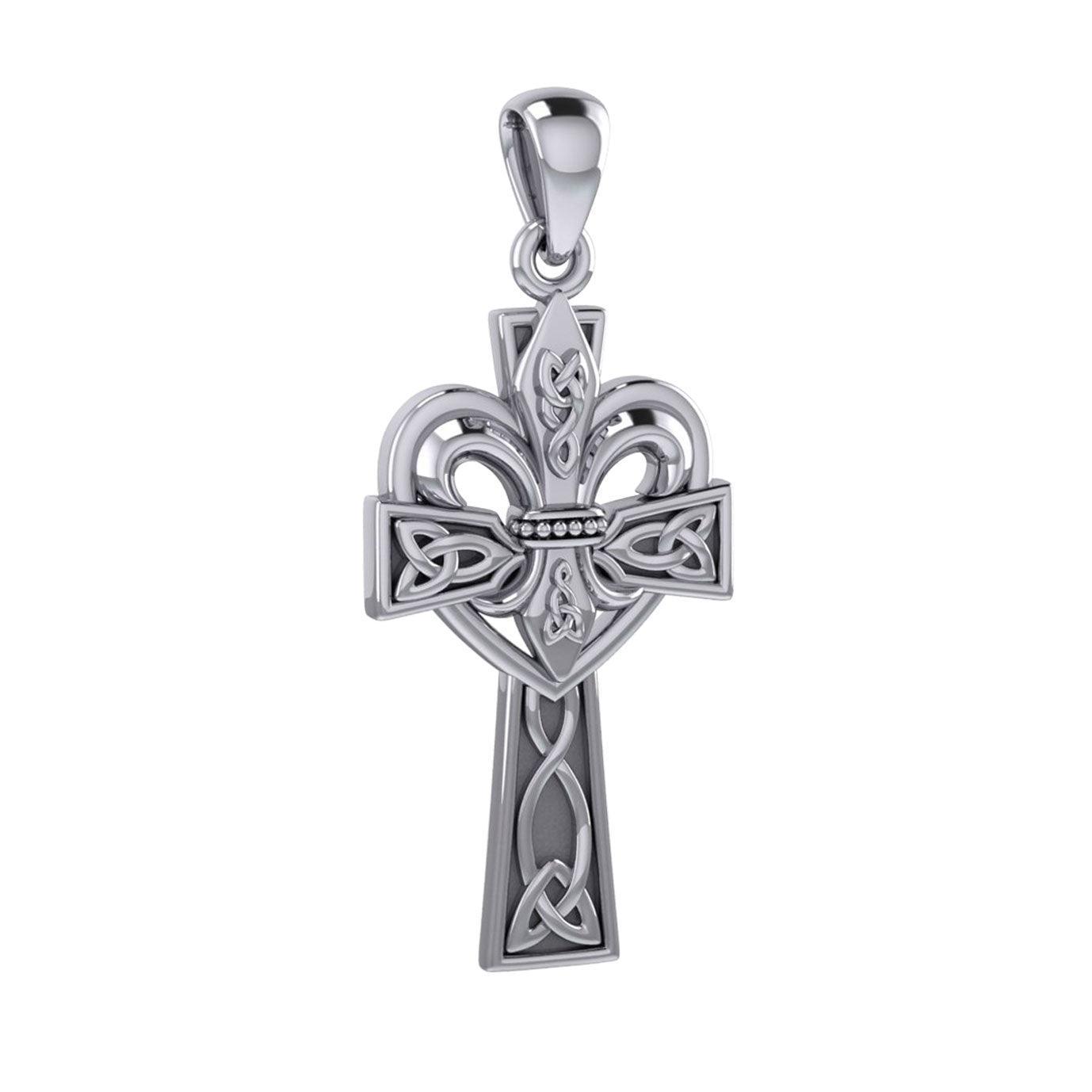 A powerful combination of Celtic elements ~ Sterling Silver Jewelry Pendant in Fleur-de-Lis and Celtic Cross TPD5994 - peterstone.dropshipping