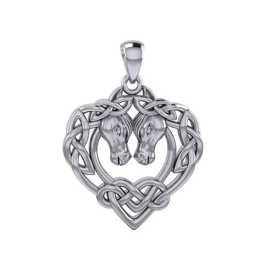 Double Horses in The Celtic Heart Silver Pendant TPD6027 - peterstone.dropshipping