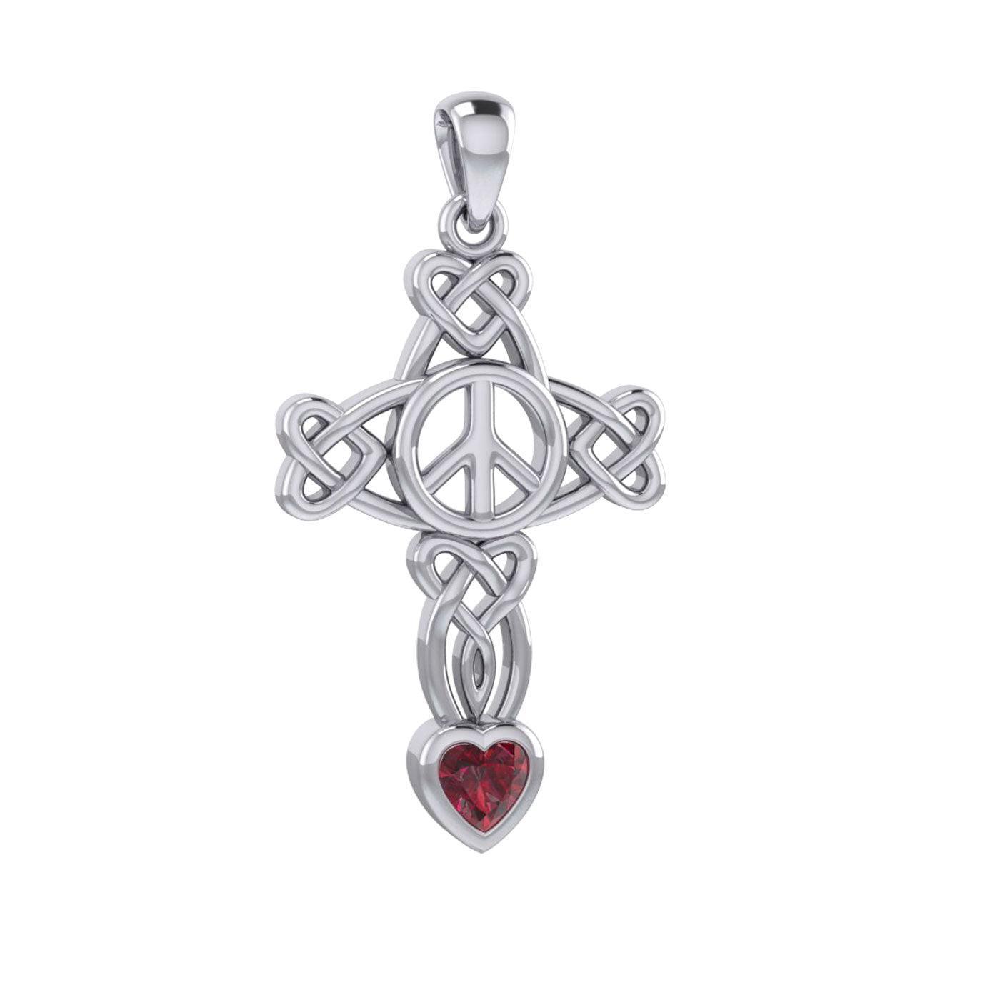 Celtic Heart in Cross Shape with Peace Symbol Silver Pendant with Heart Gemstone TPD7007 - peterstone.dropshipping