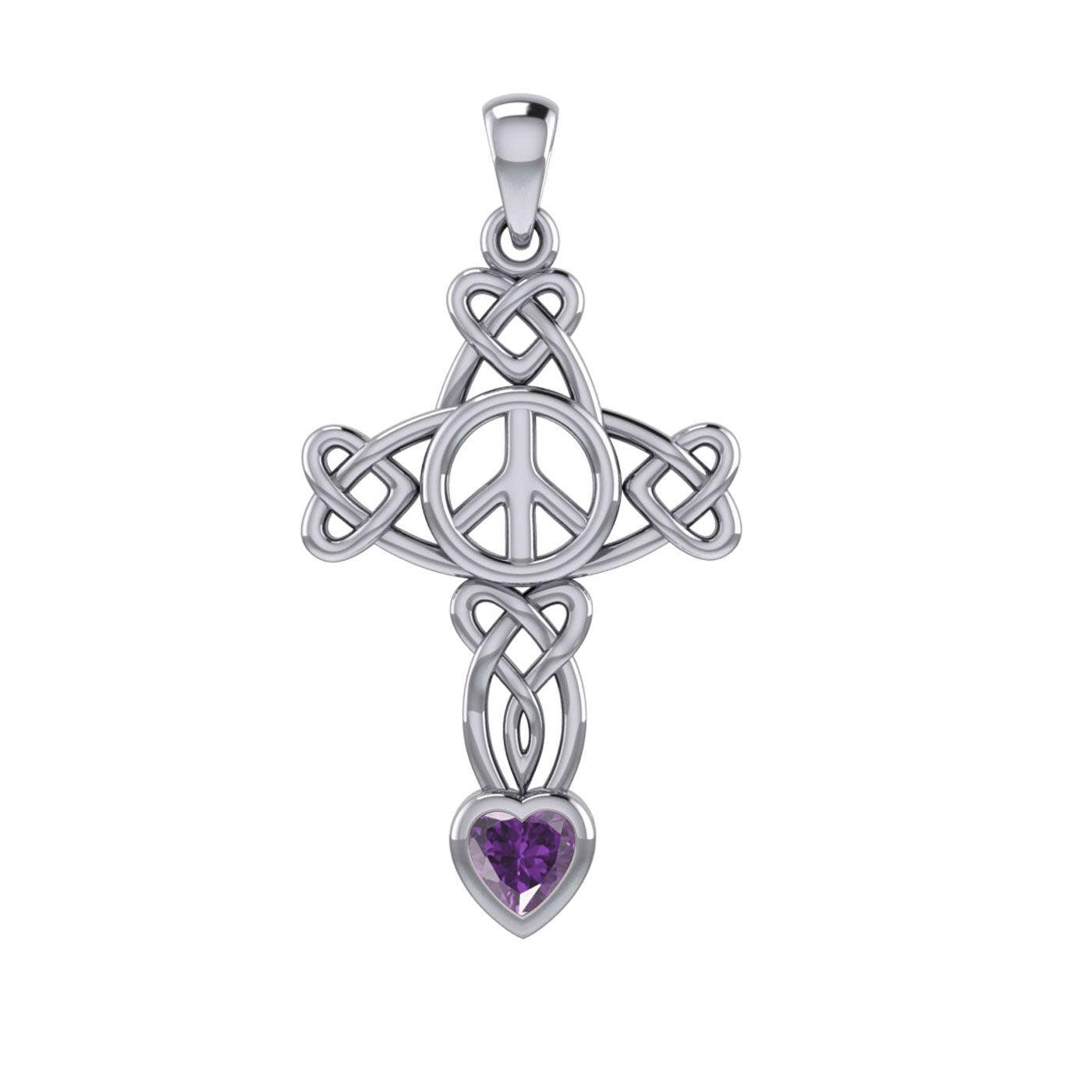 Celtic Heart in Cross Shape with Peace Symbol Silver Pendant with Heart Gemstone TPD7007 - peterstone.dropshipping