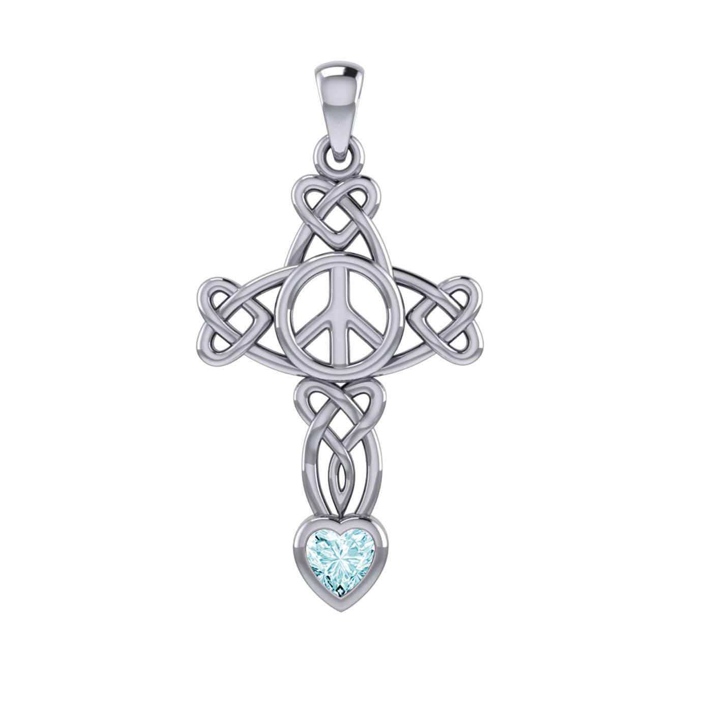 Celtic Heart in Cross Shape with Peace Symbol Silver Pendant with Heart Gemstone TPD7007 - peterstone.dropshipping