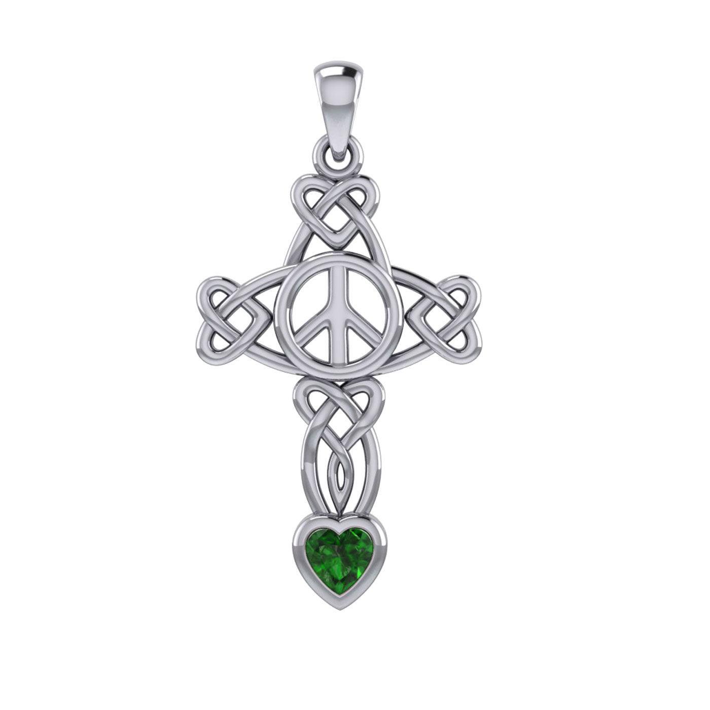 Celtic Heart in Cross Shape with Peace Symbol Silver Pendant with Heart Gemstone TPD7007 - peterstone.dropshipping