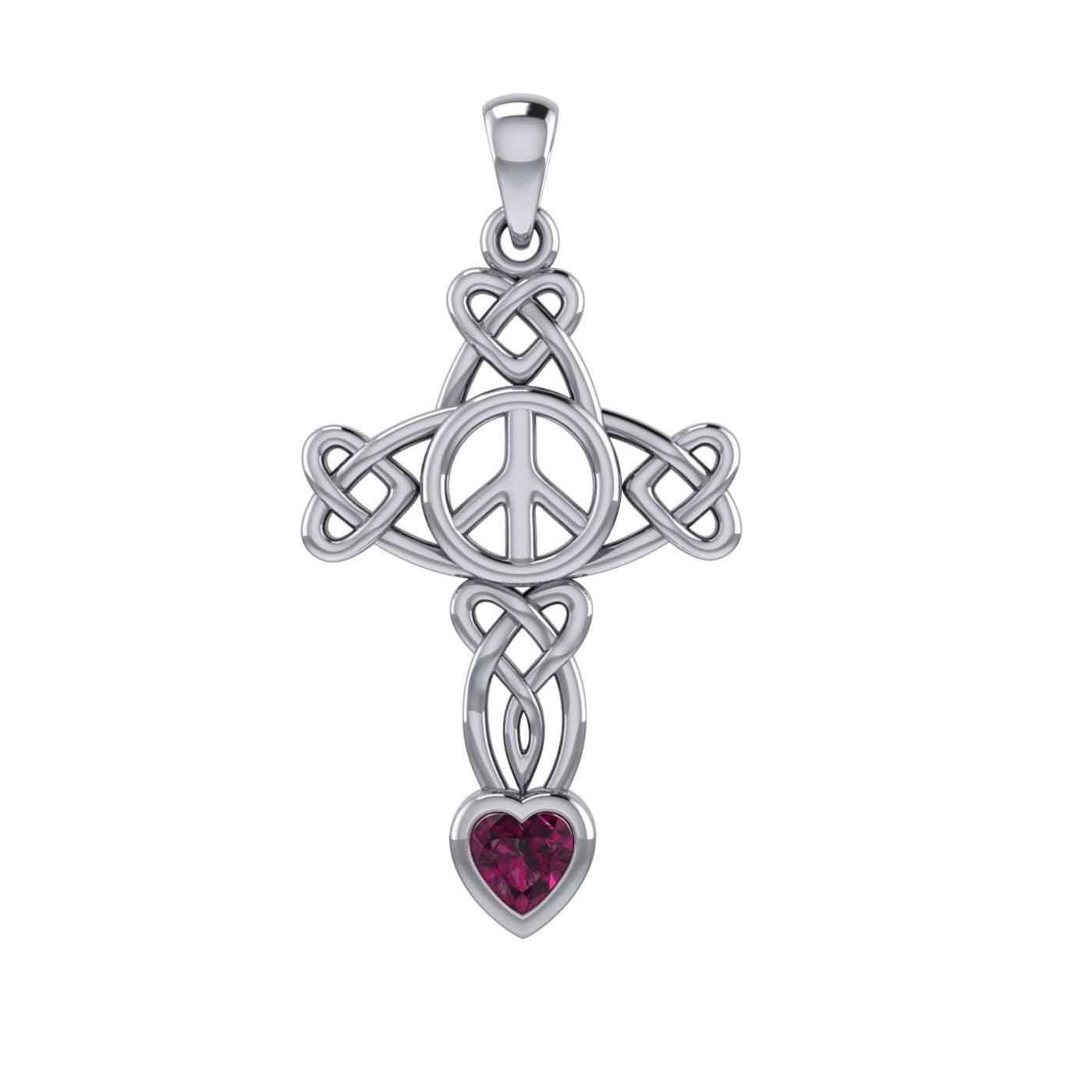 Celtic Heart in Cross Shape with Peace Symbol Silver Pendant with Heart Gemstone TPD7007 - peterstone.dropshipping