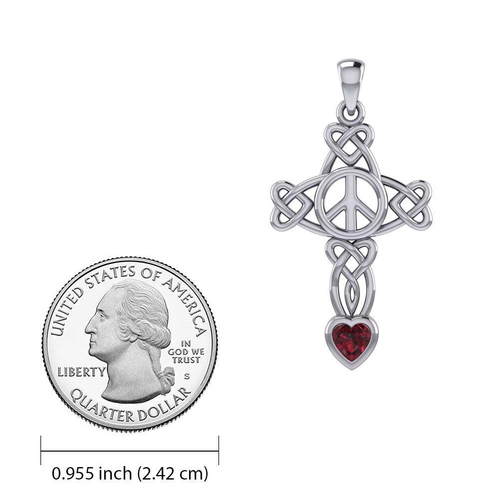 Celtic Heart in Cross Shape with Peace Symbol Silver Pendant with Heart Gemstone TPD7007 - peterstone.dropshipping