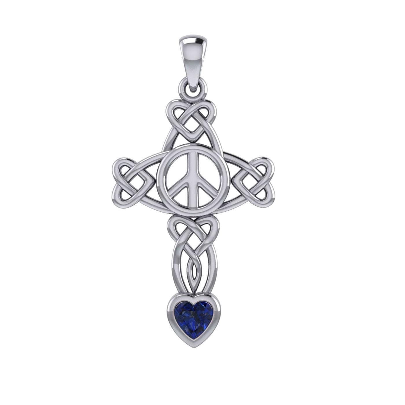 Celtic Heart in Cross Shape with Peace Symbol Silver Pendant with Heart Gemstone TPD7007 - peterstone.dropshipping