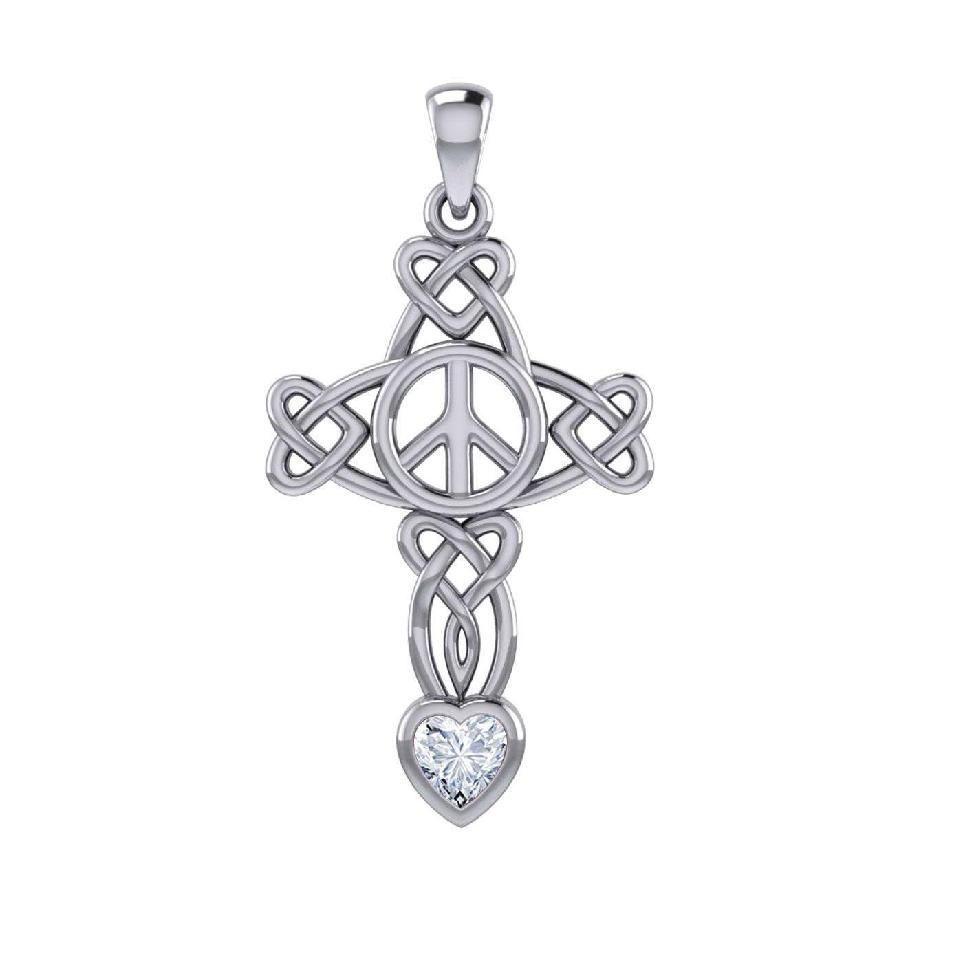 Celtic Heart in Cross Shape with Peace Symbol Silver Pendant with Heart Gemstone TPD7007 - peterstone.dropshipping