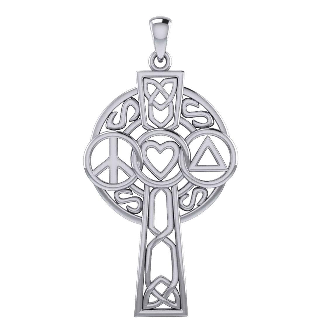 Large Celtic Cross with Heart Peace and Recovery Symbols Silver Pendant TPD7024 - peterstone.dropshipping