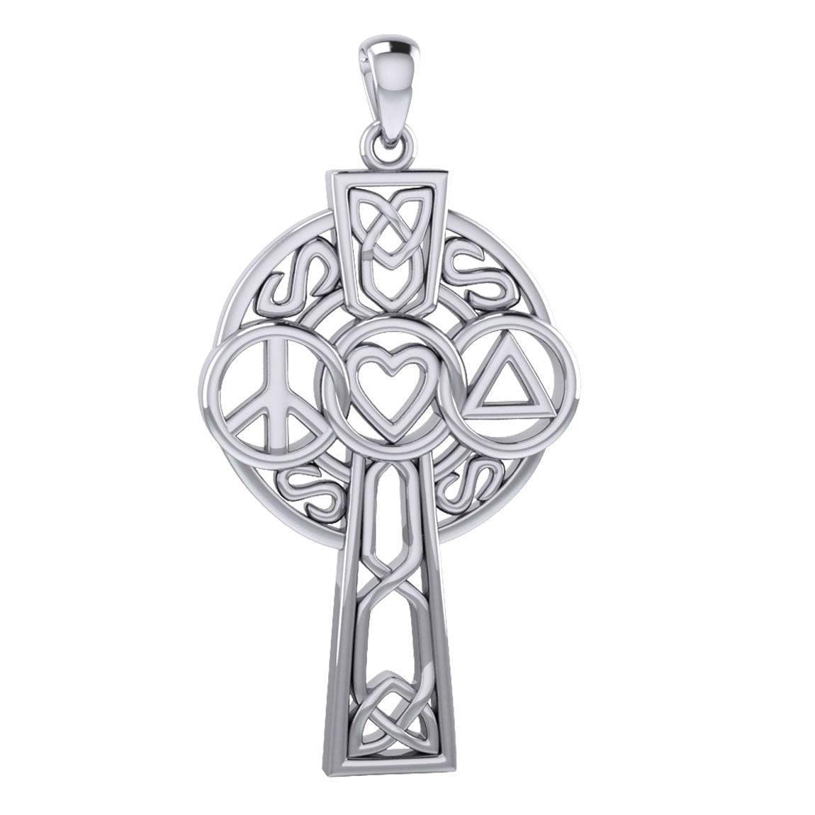 Large Celtic Cross with Heart Peace and Recovery Symbols Silver Pendant TPD7024 - peterstone.dropshipping