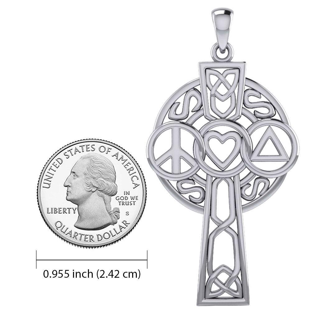 Large Celtic Cross with Heart Peace and Recovery Symbols Silver Pendant TPD7024 - peterstone.dropshipping