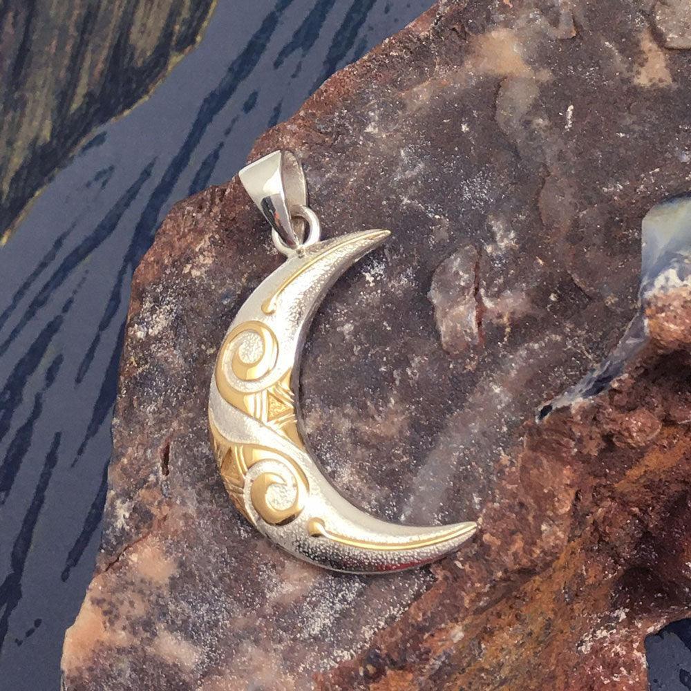 Spiral Crescent Moon Silver and 14K Gold Accent Pendant TPV3411 - peterstone.dropshipping