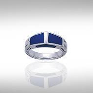 Modern Rectangle Inlaid Silver Ring with Side Motif TR3370 Ring