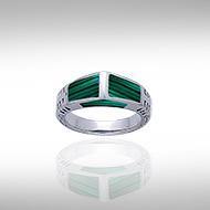 Modern Rectangle Inlaid Silver Ring with Side Motif TR3370 Ring
