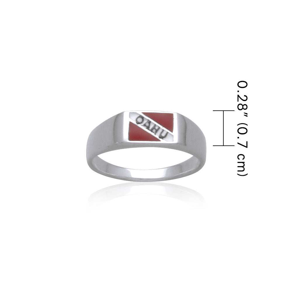 Oahu Island Dive Flag and Dive Equipment Silver Small Ring TR3635