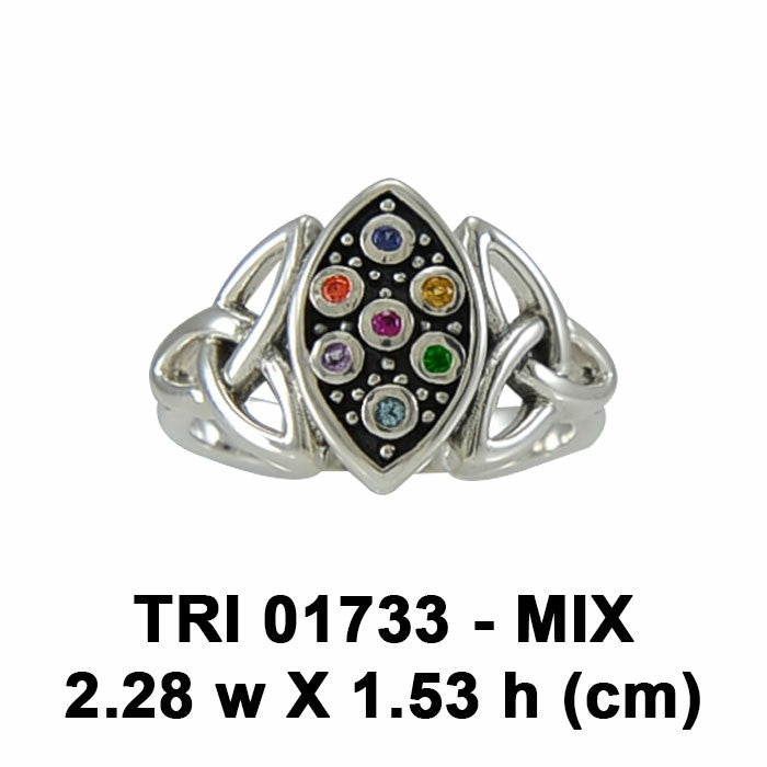 Live in the present moment ~ Celtic Knotwork Trinity Sterling Silver Ring with Chakra Gemstones TRI1733
