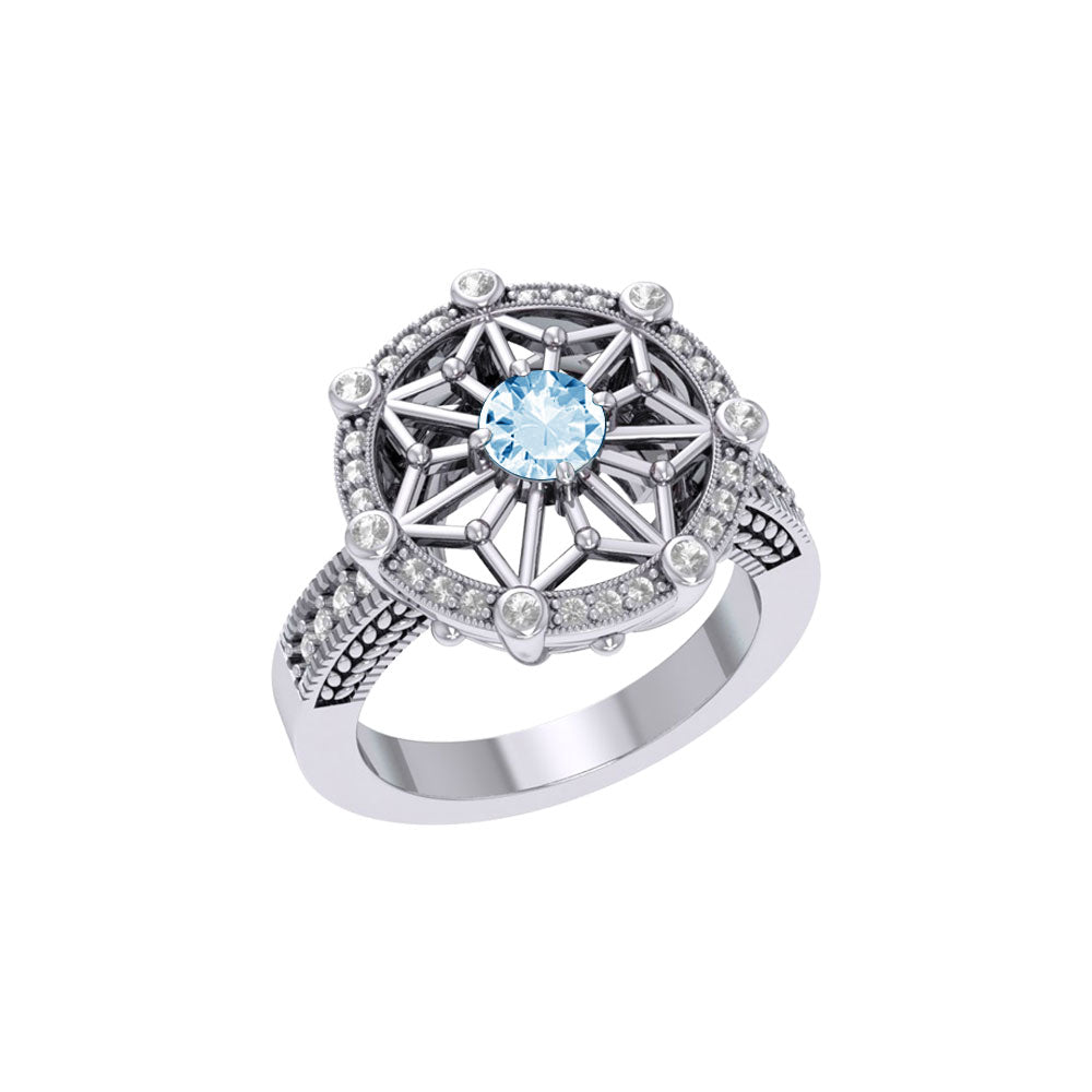 Round Tetragram Energy Symbol Silver Ring with Gemstone TRI1148