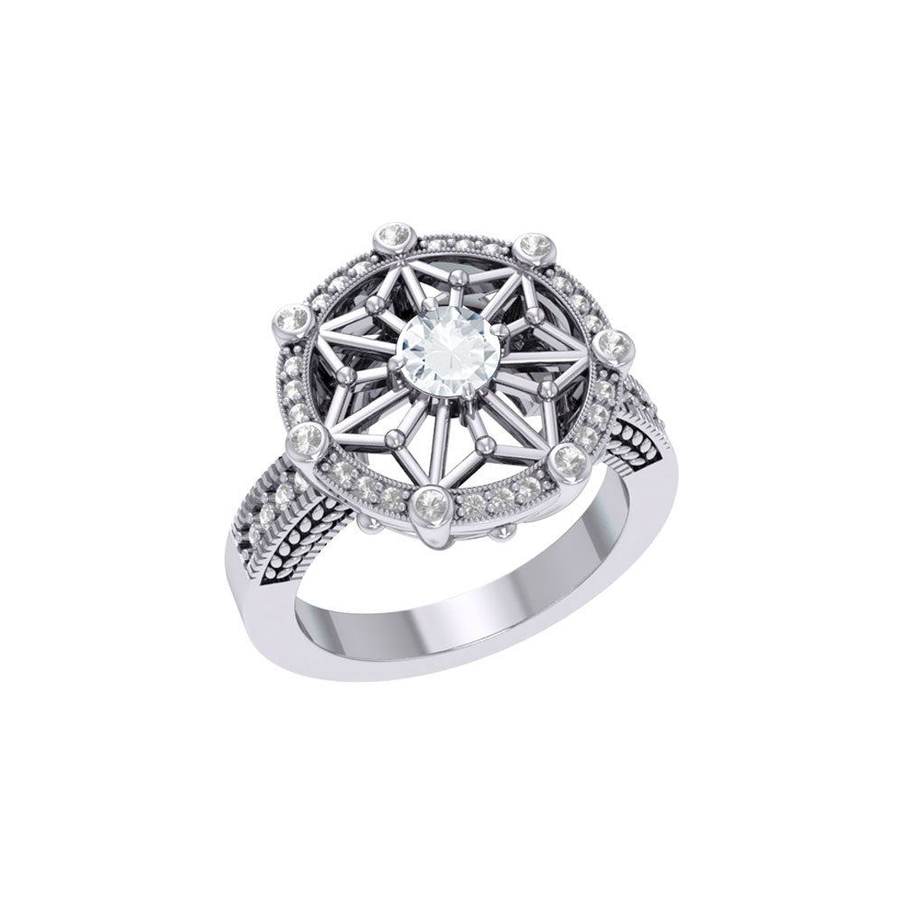 Round Tetragram Energy Symbol Silver Ring with Gemstone TRI1148