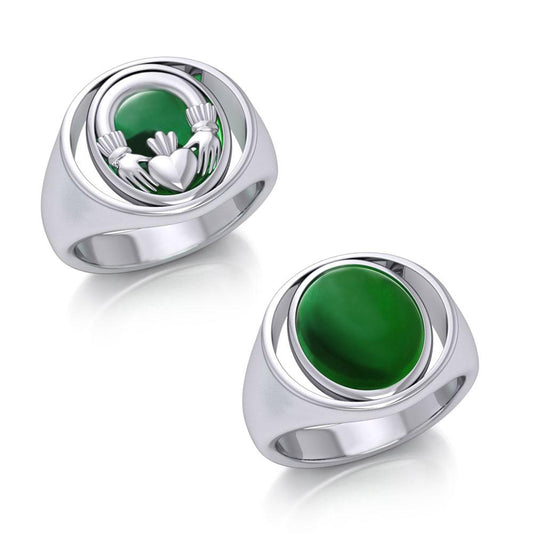 Irish Claddagh Silver Flip Ring with Emerald Glass TRI154 Ring