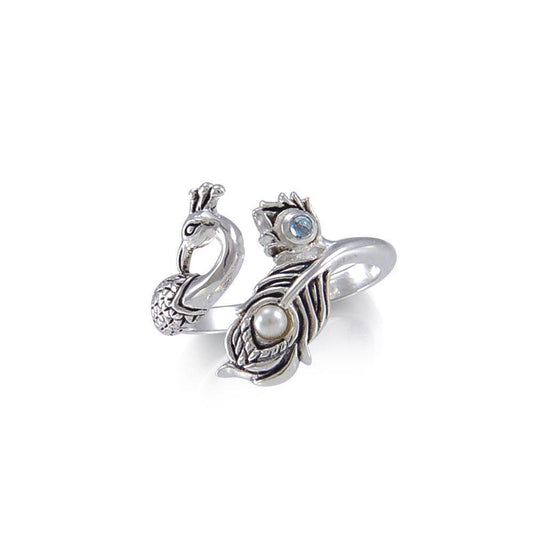 Dancing Peacock Ring in glimmering Silver Ring with Gemstone TRI1814 - peterstone.dropshipping