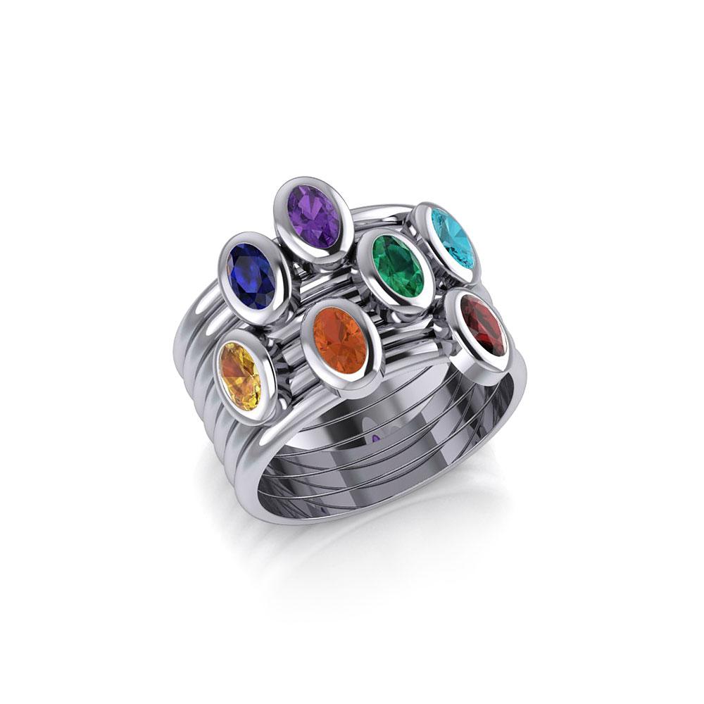 Oval Chakra Gemstone on Silver Stack Ring TRI1856 - Peter Stone Wholesale