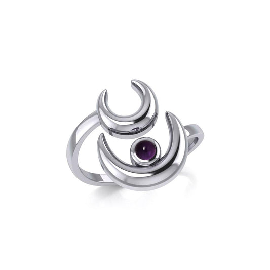 Double Crescent Moon Silver Wrap Ring with Gemstone TRI1892 - Peter Stone Wholesale