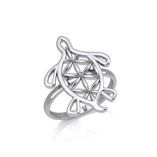 Turtle with Flower of Life Shell Silver Ring TRI1894 - Peter Stone Wholesale