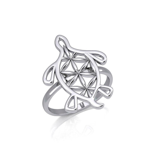 Turtle with Flower of Life Shell Silver Ring TRI1894 - Peter Stone Wholesale